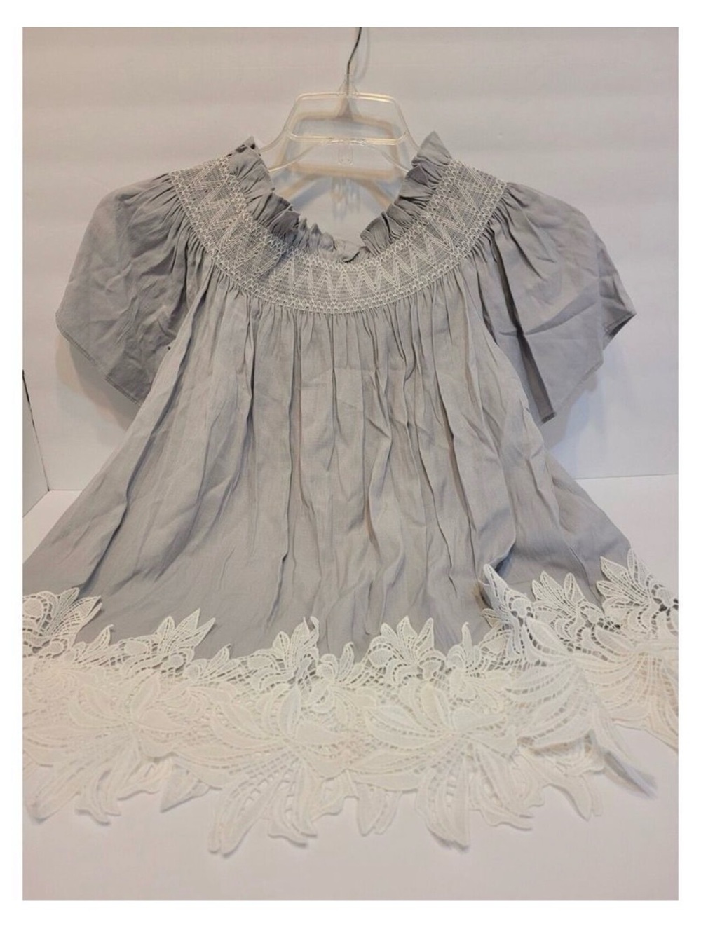 Light Gray Short-Sleeve Smocked Yoke Top with White Lace Hem